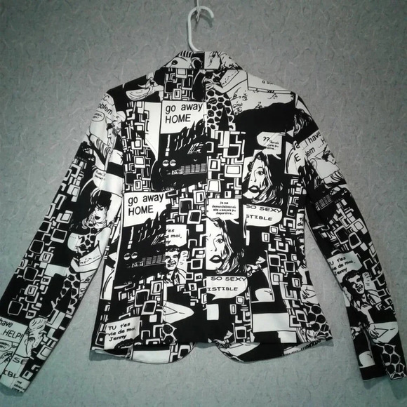 Women's Black & White Cartoon Print  Blazer by Linea Domani Size 4 - Picture 3 of 16